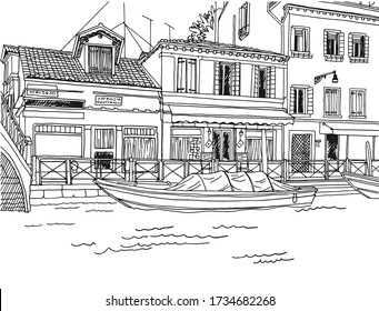 Nice view of the old Venice, Italy. Mistress of the Adriatic. Seaborn romantic town. Line art. Hand drawn urban sketch. Black and white vector illustration.