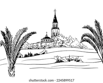 Nice view on old church. Tel Aviv. Israel. Hand drawn line sketch. Urban landscape. Line art. Ink drawing. 