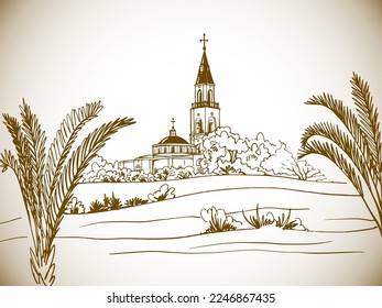 Nice view on old church. Tel Aviv. Israel. Hand drawn line sketch in sepia. Urban landscape. Line art. Ink drawing. 