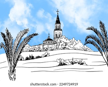 Nice view on old church. Tel Aviv. Israel. Hand drawn line sketch. Urban landscape. Blue cloud sky. Line art. Ink drawing. 