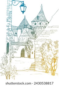 Nice view on the old town street. France. Hand drawn sketch style. Line art. Small European city. Urban landscape. Vector illustration. Vintage postcard style.