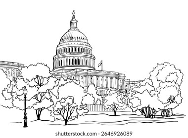 The nice view on Washington DC, USA. Urban landscape. Hand drawn sketch. Black and White illustration. Line Art. Vector background. Without people. Postcard style.