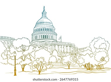 A bela vista sobre Washington DC, EUA. Paisagem urbana. Esboço desenhado à mão. Ilustração colorida. Plano de fundo do vetor LineArt. Sem pessoas. Estilo do cartão postal.