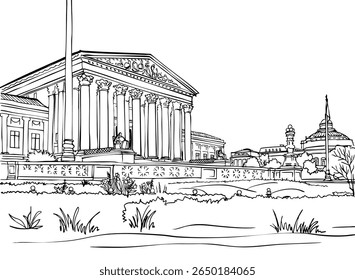 Nice view on Washington DC, USA. Urban landscape. Hand drawn sketch. Black and White illustration. Line Art. Vector background. Without people. Postcard style.