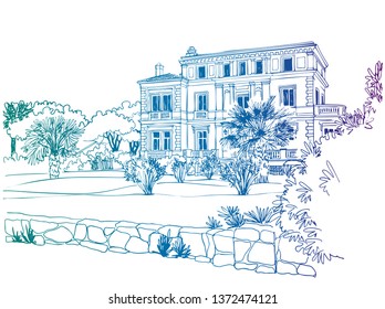 Nice view of romantic Provence, France. Black and white landscape in hand drawn sketch style. Ink line drawing.Colorful vector illustration on white.