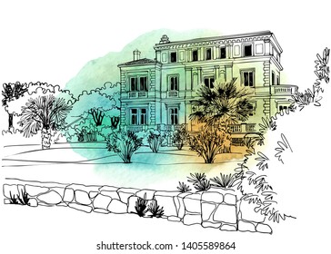 Nice view of romantic Provence, France. Urban background in hand drawn sketch style. Ink line drawing. Vector illustration on blob watercolor background.