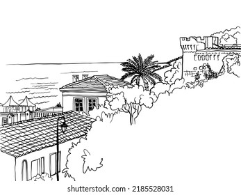 Nice view of the sea, old houses and the ancient fortress. Monaco. Monte Carlo. Mediterranean. Hand drawn sketch. Line art. Ink drawing. Vector illustration on white.