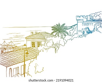 Nice view of the sea, old houses and the ancient fortress. Monaco. Monte Carlo. Mediterranean. Hand drawn sketch. Line art. Ink drawing. Colorful Vector illustration on white.