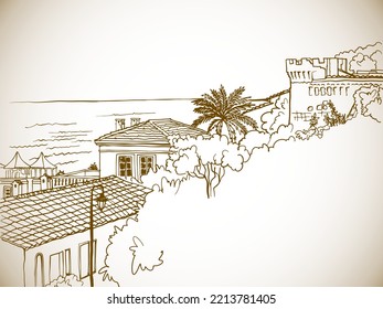 Nice view of the sea, old houses and the ancient fortress. Monaco. Monte Carlo. Mediterranean. Hand drawn sketch. Line art. Ink drawing. Sepia Vector illustration on white.