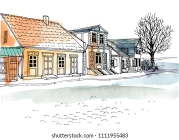 Nice view of the village street in Eastern Europe on background watercolor. Colorful vector illustration in hand drawn sketch style.