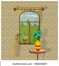 Nice view from the window. Fragment of the Beautiful Interior. Vector illustration
