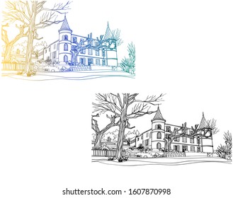 Nice views of romantic Provence, France. Urban background in hand drawn sketch style. Ink line drawing. Colourful and black and white vector illustrations on white