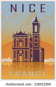 Nice Vintage poster in orange and blue textured background with skyilne in white