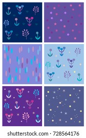 Nice violet patterns with stars, flowers and blots. Seamless vector patterns for kids.