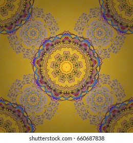 Nice violet, red and green hand-drawn seamless vector illustration. Elegant seamless pattern with and Mandala elements.