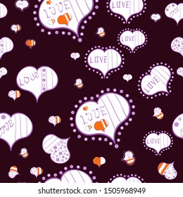 Nice violet, white and brown colors elements. Love wedding background design. Seamless Valentine heart love seamless pattern with heart. Vector illustration.