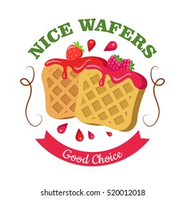 Nice wafers. Good choice. Belgian waffle with jam and strawberry logo sign symbol. Flowing red cream on waffle. Isolated square crispy waffle in cartoon style. Flat design. 3D illustration. Vector