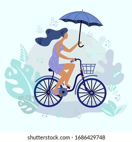 A nice walk on the bike. A young girl rides a Bicycle with an umbrella.Flat hand drawn elements. Leaves and stems of plants.Green and purple colors.
