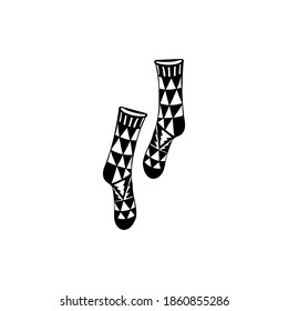 Nice warm socks. Black and white socks with an ornament. Vector doodle illustrations isolated, design elements for labels, postcards