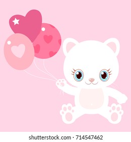 Nice white cat with balloons.. Little kitty. Children's character. Valentine's Day.
