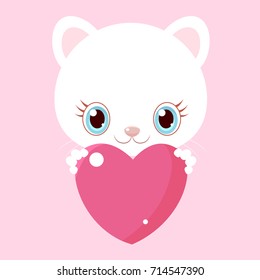 Nice white cat with big heart. Little kitty. Children's character. Valentine's Day.