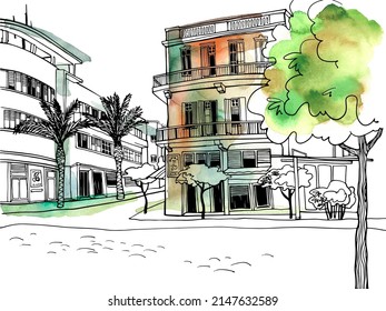 Bonita ciudad blanca de Tel Aviv, romántico paisaje urbano, bauhaus estilo. Vieja calle en Tel Aviv, Israel. Esbozo de línea de tinta. Dibujo manual. Ilustración vectorial sobre la acuarela de fondo.