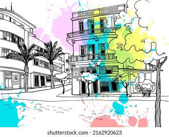 Nice White city Tel Aviv, romantic urban landscape, bauhaus style. Old street in Tel Aviv, Israel. Ink line sketch. Hand drawing. Vector illustration on blobs background .