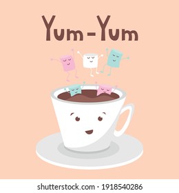 Nice white coffee mug with marshmallows. Yum-Yum lettering. Vector illustration