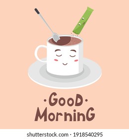 Nice white mug with instant coffee and a spoon. Good morning lettering. Vector illustration