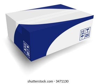 Nice white shipping box with icons and blue graphic. Layered files for easy edit. Can "turn off" blue graphic layer and use only white box.