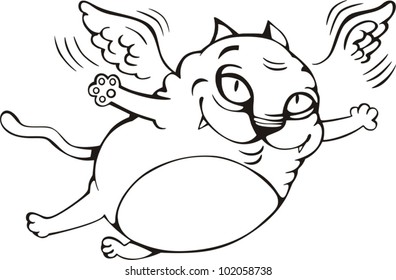 Nice winged cat in-flight. Vector EPS Illustration, black and white sketch.