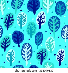 Nice winter hand drawn trees in five colors. Forest of magic. Fabulous trees. Seamless pattern.