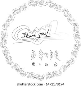 Nice winter of spring leaves garland and a handwritten “Thank you” message in the in the center - All in vector, with set of elements separated on white