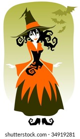 Nice witch and bats on a green background. Halloween illustration.