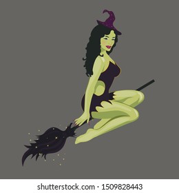 Nice witch flies on a broomstick. Vector illustration.