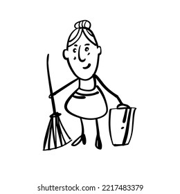 A nice woman with a broom and a bucket. Cleaning lady. A hand-drawn black and white sketch. Vector doodle illustration
