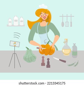 Nice woman butchering a turkey or chicken, preparing dinner in honor of the holiday, Thanksgiving, Christmas. Girl blogger or video blogger, vector illustration. Design for cards, posters, flyers, web