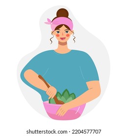 Nice woman is cooking. Cute housewife girl or cook blogger, vector isolated illustration. Vegetarian lady stirs the salad. Healthy lifestyle, the concept of proper nutrition. cartoon flat style