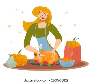 Nice woman cooking a turkey. Thanksgiving dinner. Blogger girl or video blogger, vector illustration of internet live broadcast channel.Design for postcards, posters, flyers, websites and other uses.