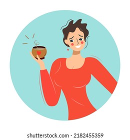 Nice woman with a cup of coffee, tea, milk or cocoa.Girl makes a coffee break. Icon of a young brunette woman in a red dress drinking tea, coffee. Isolated vector design in flat style for drinks ad