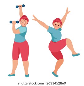 A nice woman of a dense build is engaged in sports, fitness, exercises with dumbbells.
