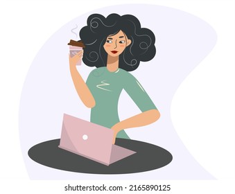 Nice woman drinking coffee from a plastic cup while working. Stylish brunette with a laptop. The girl takes a coffee break. Work, study, rest. Freelance. Vector isolated in flat style.