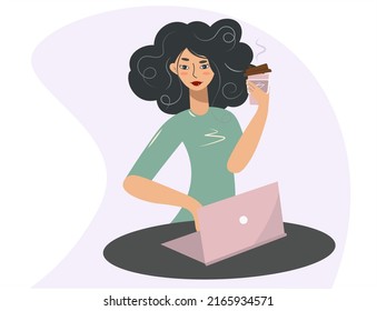 Nice woman drinking coffee from a plastic cup while working. Stylish brunette with a laptop. The girl takes a coffee break. Work, study, rest. Freelance. Vector isolated in flat style.