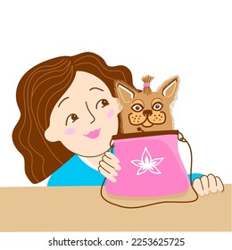 Nice woman with little glamour dog in a bag. Vector color illustration of young woman with small dog in comics style for design or print.