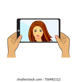 Nice woman making selfie. Vector flat design illustration isolated on white background.