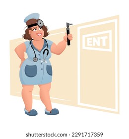 Nice woman otolaryngologist holding an otoscope. Audiologist doctor in medical gown with instruments used to examine the ear, nose, and throat. Female ENT doctor. Vector cartoon illustration.