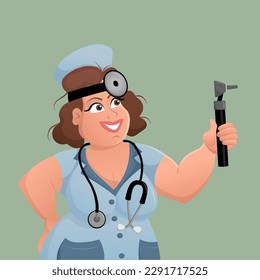Nice woman otolaryngologist holding an otoscope. Audiologist doctor in medical gown with instruments used to examine the ear, nose, and throat. Female ENT doctor. Vector cartoon illustration.