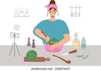 Nice Woman Preparing A Salad. Cute Girl Vlogger Or Vlogger Cooking, Live Broadcast Web Channel Vector Illustration. Promotion Of A Healthy Lifestyle, The Concept Of Proper Nutrition Cartoon Flat Style