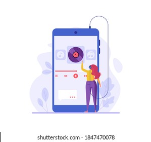 Nice Woman Standing With Audio Player And Earphones, Listening To Music. Concept Of Podcast, Vinil Record, Audiobooks, Music Collection, Relaxation. Vector Illustration In Flat Design