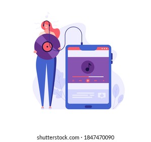 Nice Woman Standing With Audio Player And Earphones, Listening To Music. Concept Of Podcast, Vinil Record, Audiobooks, Music Collection, Relaxation. Vector Illustration In Flat Design